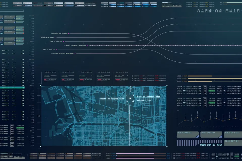 Computer screen with map, numbers, and lines.